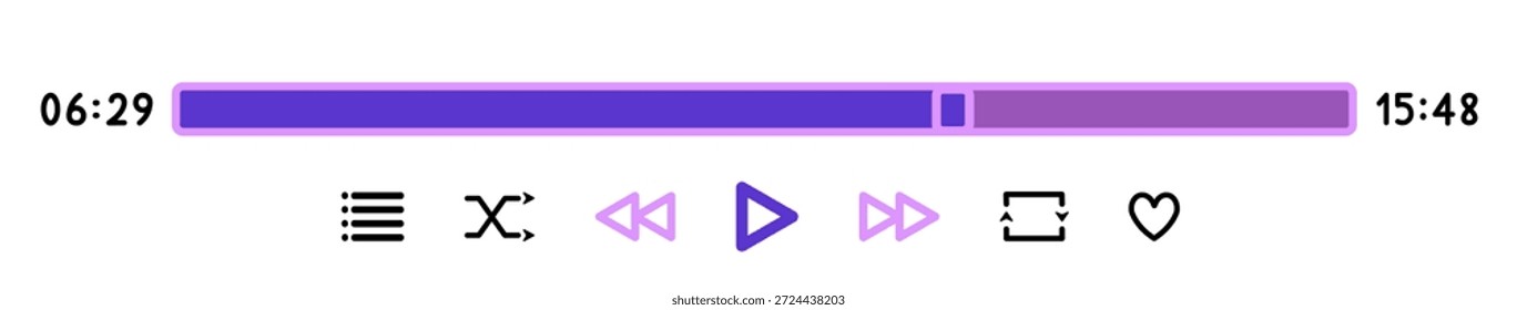 Sauberes und modernes Media Player Interface im flachen Design auf weißem Hintergrund. Minimale Benutzeroberfläche für Audio- und Video-Player-Anwendungen, Streaming-Dienste und digitale Produkte