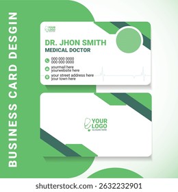 Clean and modern medical doctor business card design featuring a minimalist layout and healthcare icons. Perfect for clinics, hospitals, physicians, and other medical professionals.