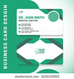 Clean and modern medical doctor business card design featuring a minimalist layout and healthcare icons. Perfect for clinics, hospitals, physicians, and other medical professionals.