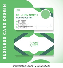 Clean and modern medical doctor business card design featuring a minimalist layout and healthcare icons. Perfect for clinics, hospitals, physicians, and other medical professionals.