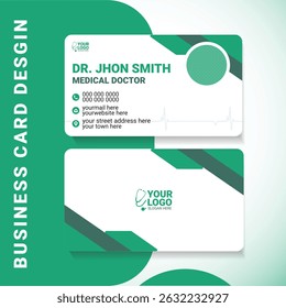 Clean and modern medical doctor business card design featuring a minimalist layout and healthcare icons. Perfect for clinics, hospitals, physicians, and other medical professionals.