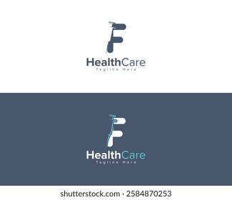 Clean, Modern, and Medical Inspired Dynamic Healthcare Brand Identity Logo Design. Letter F Modern Healthcare Logo with Injection syringe.