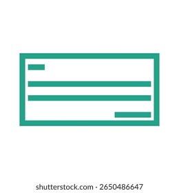 A clean, modern, and minimalist flat icon representing a cheque, rendered with simple shapes and solid colors, suitable for financial or banking applications.
