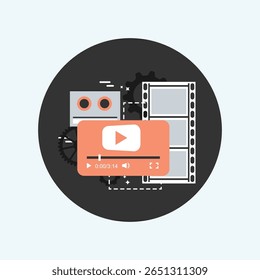 A clean, modern, minimalist flat icon featuring a play button and film reel elements, perfect for media, entertainment, or technology-related designs.