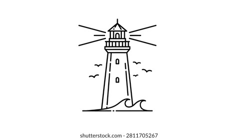 Clean and modern minimalist lighthouse illustration featuring light beams and sea elements. Perfect for logos, nautical branding, coastal decor, and modern travel web design projects.