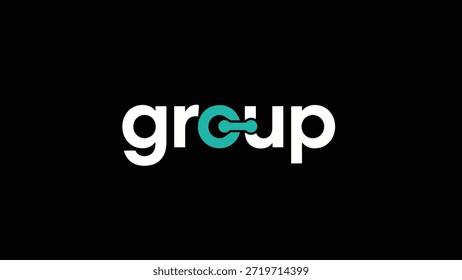 Um logotipo minimalista limpo e moderno apresenta a palavra 'group' em negrito fonte branca sans-serif. A letra "o" é substituída por uma turquesa estilizada