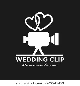 A clean and modern minimalist logo featuring a white video camera on a tripod, surmounted by two elegantly intertwined hearts, set against a stark black background. This graphic design perfectly symbolizes wedding videography and the enduring love between partners, ideal for branding, film services, or romantic event promotions.