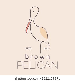 A clean and modern minimalist logo illustration of a brown pelican, featuring elegant line art with soft pastel colors on a beige background. The design includes the text "Brown Pelican" with an year.