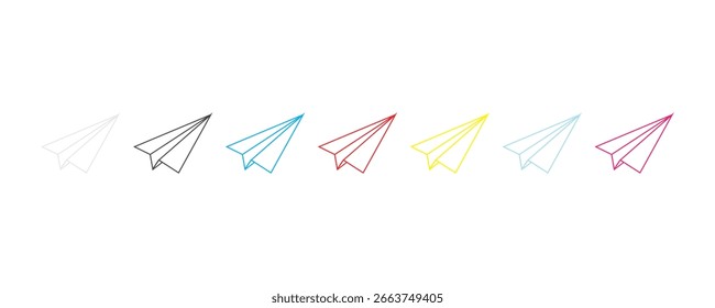 Clean and modern minimalist vector illustration featuring colorful paper airplanes in pastel colors arranged in a flat lay style. Perfect for digital design, branding, print projects, and creative 