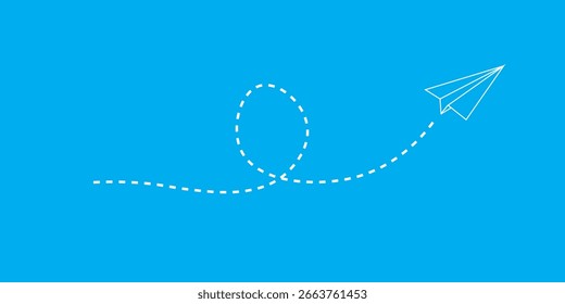 Clean and modern minimalist vector illustration featuring a paper airplane flying along a dotted line path on a blue background. Ideal for travel, navigation, digital media, and branding projects. Sim