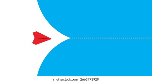 Clean and modern minimalist vector illustration featuring a red paper airplane flying in a blue sky. Perfect for digital art, branding, travel, and modern design projects. 
