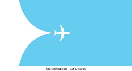 Ilustração vetor minimalista limpa e moderna com um avião voando em um céu azul com nuvens brancas. Perfeito para projetos de mídia digital, marcas e impressão. Design simples e elegante adequado 