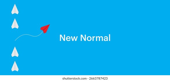 Ilustração vetorial minimalista limpa e moderna com um avião de papel vermelho liderando um grupo de aviões de papel azul sobre um fundo azul. Perfeito para arte digital, branding e design contemporâneo 