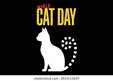 A clean, modern, and minimalist vector illustration created for a celebratory feline-themed occasion. The graphic features a stylized white silhouette of a sitting creature with a unique, segmented spiral tail, set against a bold black background. Above the main figure, celebratory text is displayed in high-contrast, professional typography, with the word 