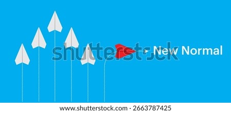Clean and modern minimalist vector illustration featuring a red paper airplane leading a group of blue paper airplanes on a blue background. Perfect for digital art, branding, and contemporary design 