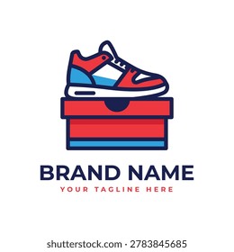 A clean, modern minimalist vector logo featuring a retro-style sneaker on a red shoebox. Ideal for a footwear brand, sneaker store, retail, or shipping service.