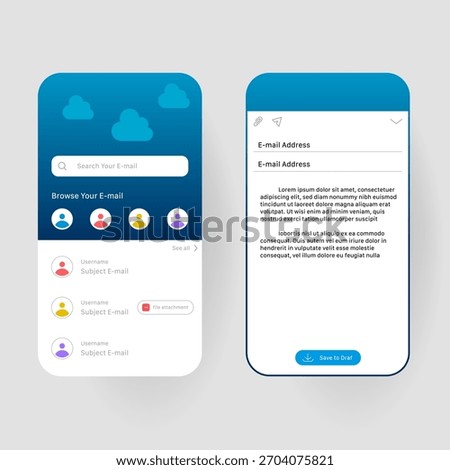 A clean and modern mobile email application interface design showing two screens side by side