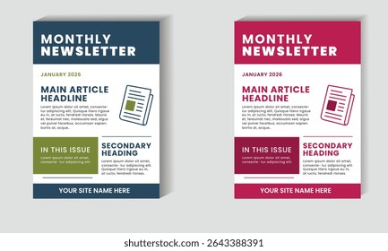 Clean and modern monthly newsletter template in vector format featuring dual color schemes (blue-green and red). Perfect for corporate communication, email newsletters, and marketing updates. 