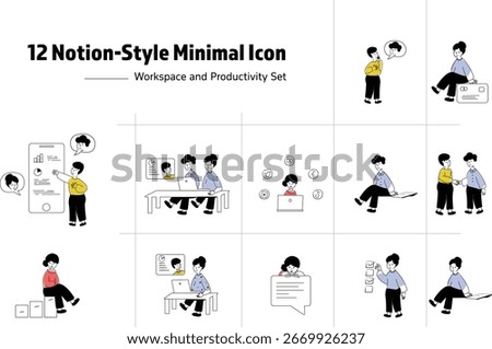 A clean and modern Notion-inspired icon set with 12 unique minimal icons, perfect for workspaces, dashboards, apps, and productivity tools. These vector icons are designed with simplicity and clarity 