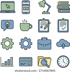 Clean and modern office and productivity icon set in flat outline vector style. Includes business, work tools, communication, planning, and technology icons. Perfect for apps, websites, UI design, pre