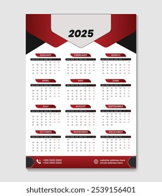 clean modern one page corporate wall calendar 2025 new year editable print ready calendar design template