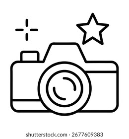 Um ícone de contorno limpo e moderno de uma câmera com flash starburst, perfeito para fotografia, tecnologia ou temas criativos.