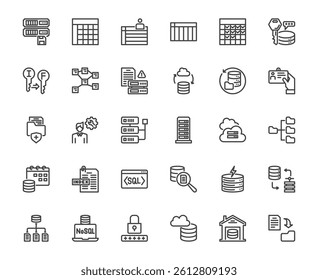 A clean and modern outline icon set of database-related symbols, storage and big data server, 48x48 pixel perfect for apps, websites, media and tech presentations. Editable stroke