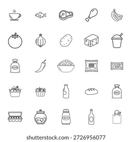 Conjunto de iconos de contorno limpio y moderno con comestibles diarios esenciales y alimentos comúnmente utilizados en hogares, supermercados y plataformas de comestibles en línea.