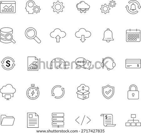 Clean and modern outline icon set for business, technology, cloud computing, data management, analytics, and security concepts.
Perfect for websites, apps, dashboards, presentations, and UI and UX design projects.