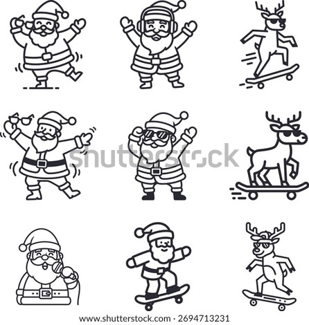 A clean and modern outline vector illustration set of Santa Claus cartoon characters performing various fun activities. Ideal for minimalist Christmas designs, icons, coloring pages and web graphics.