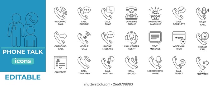 Iconos limpios, modernos del vector de la conversación del teléfono para los proyectos de la tecnología, de los App, del diseño de UI, de la Asistencia, de las telecomunicaciones, y de la comunicación.