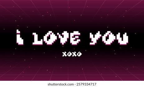 Clean and modern pixel typography design: i love you, xoxo. Video game text background for valentines day screen in retro style in 16x9 proportion. 