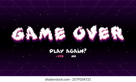 Clean and modern pixel typography design: game over. Video game text background for end game screen in retro style in 16x9 proportion. 