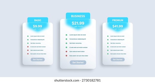 Interface de tabela de preços limpa e moderna, mostrando três planos de assinatura, incluindo básico, comercial e premium. Projetado com layout de estilo de cartão e cores de gradiente suave