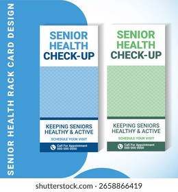 Design de cartão de rack limpo e moderno para promoções de check-up de saúde sênior. Inclui duas variações de cores em azul e verde. Adequado para hospitais, clínicas de saúde, centros de assistência médica sênior e campo de bem-estar