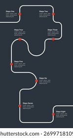 Infográfico de roteiro limpo e moderno com oito etapas, mostrando um caminho curvo de cronograma para planejamento de negócios, fluxo de trabalho ou visualização de processos de projetos.