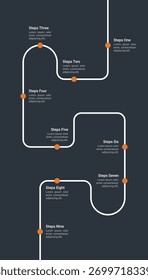 Infografía de hoja de ruta limpia y moderna con nueve pasos, que muestra una ruta de línea de tiempo curva para la planificación empresarial, el flujo de trabajo o la visualización de procesos de proyectos.