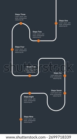 Clean and modern roadmap infographic with nine steps, showing a curved timeline path for business planning, workflow, or project process visualization.