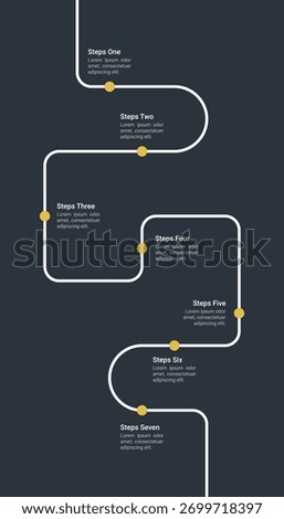 Clean and modern roadmap infographic with seven steps, showing a curved timeline path for business planning, workflow, or project process visualization.