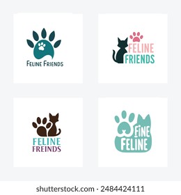 A clean modern sans-serif font for Feline Friends with a stylized cat silhouette or paw print above or below emphasizing simplicity and elegance