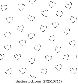 Um fundo limpo e moderno sem costura com contornos simples de coração preto desenhado à mão sobre um campo branco nítido. Este design minimalista versátil é perfeito para artigos de papelaria contemporâneos, artesanato DIY, decoração caseira estilo escandinavo, e envoltório de presente chique.