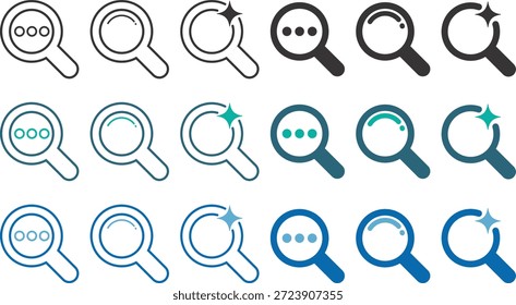 Ícone de ação de pesquisa limpo e moderno projetado para interfaces de usuário móveis e da Web. Inclui símbolos essenciais de interface, como pesquisa, zoom, filtro, atualização, voltar, fechar, verificar e ícones de ajuda. Ideia