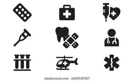 A clean and modern set of 12 filled black medical glyph icons. This vector pack includes key healthcare-related symbols such as a doctor avatar, tooth with bandage, first aid kit, medical syringe with
