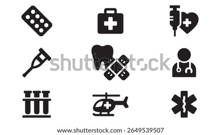 A clean and modern set of 12 filled black medical glyph icons. This vector pack includes key healthcare-related symbols such as a doctor avatar, tooth with bandage, first aid kit, medical syringe with