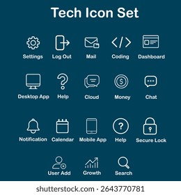 A clean modern Set Of 18 technology icons. Suitable for Web UI, dashboard design, And mobile applications. Fully customizable vector EPS and High resolution JPG