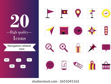 A clean and modern set of 20 navigation-themed icons, ideal for apps, maps, websites, and UI design. Includes symbols like location, compass, GPS, and direction.