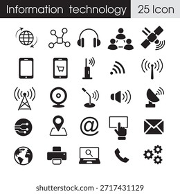Ein sauberes und modernes Set von 25 schwarzen Vektorsymbolen, die Kommunikations- und Technologiekonzepte wie Internet, Netzwerk, Satellit, WLAN, Telefon und digitale Geräte darstellen. Perfekt für Web-, Apps-, Präsentations- und Grafikdesign-Projekte.