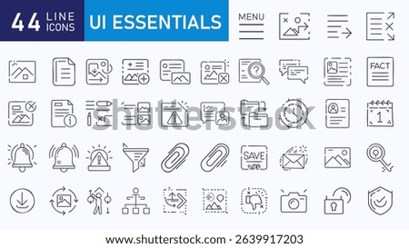 A clean and modern set of 44 UI line icons designed for web and mobile interfaces. Includes essential symbols such as notifications, menus, filters, images, documents, chat, calendar, and security ele