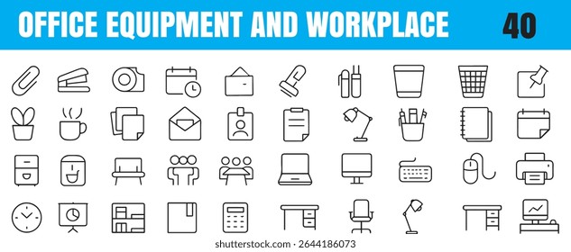 A clean and modern set of 50 office equipment and workplace line icons. Includes desk, office chair, laptop, printer, file cabinet, stapler, document, paperclip, coffee mug, landline phone, trash bin,
