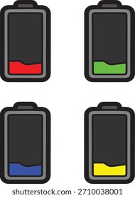 Ein sauberer und moderner Satz von Akkuladestatussymbolen, die verschiedene Leistungsstufen von leer bis voll aufgeladen veranschaulichen. Diese Icons wurden in einem klaren Vektorstil mit einfachen Linien und intuitiven Symbolen entworfen